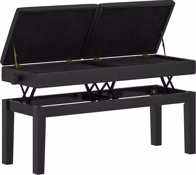 Sgabello per Pianoforte Minimal con Scomparto e Sedile Regolabile in Pelle Sintetica Nera e Legno
