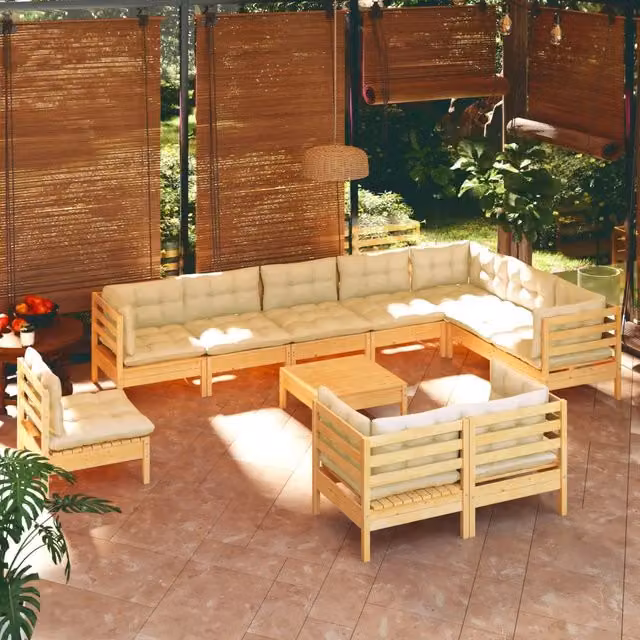 Set di Divani da Giardino vidaXL in Legno di Pino Massello con Cuscini Beige, 11 Pezzi, Forma a U – 1