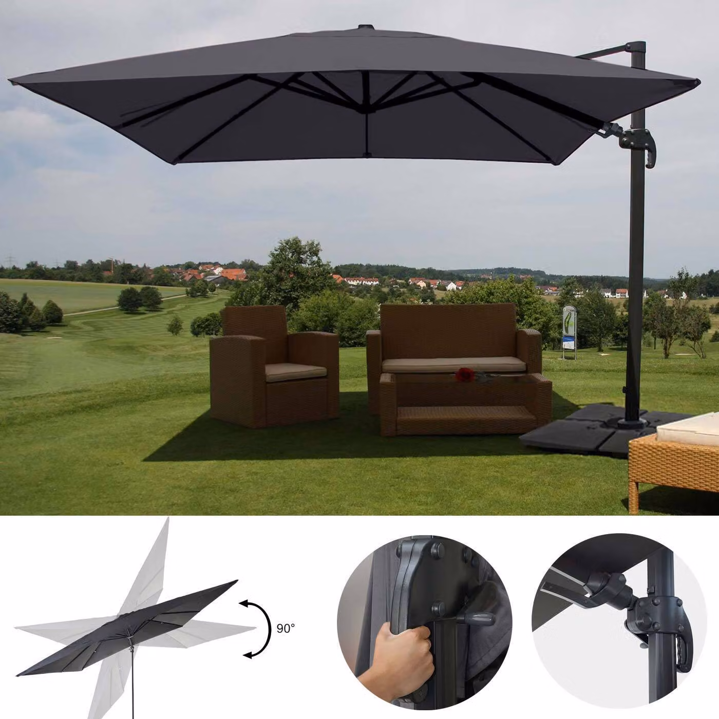 Ombrellone semaforo gastronomico HWC-A96, 3x4m (Ø5m) orientabile, poliestere/alluminio 26kg ~ antracite con supporto, girevole