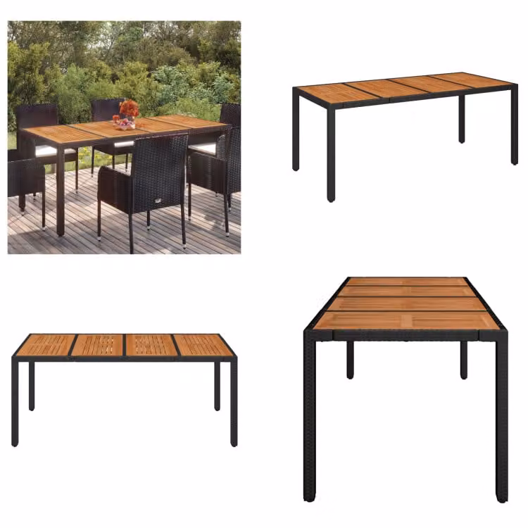 vidaXL Tavolo da giardino con piano in legno nero 190x90x75 cm Poly Rattan - Tavolo da giardino con piano in legno - Tavoli da giardino con piano in legno - Mobili da giardino - Tavolo da pranzo