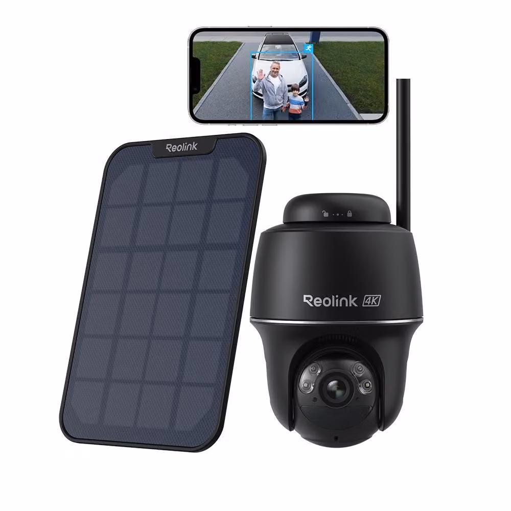 Telecamera di sorveglianza per esterni Reolink 4K 8MP 5/2,4 GHz WiFi a batteria ricaricabile/pannello solare, visione notturna a colori, rilevamento persone/veicoli/animali, panoramica e inclinazione, nero