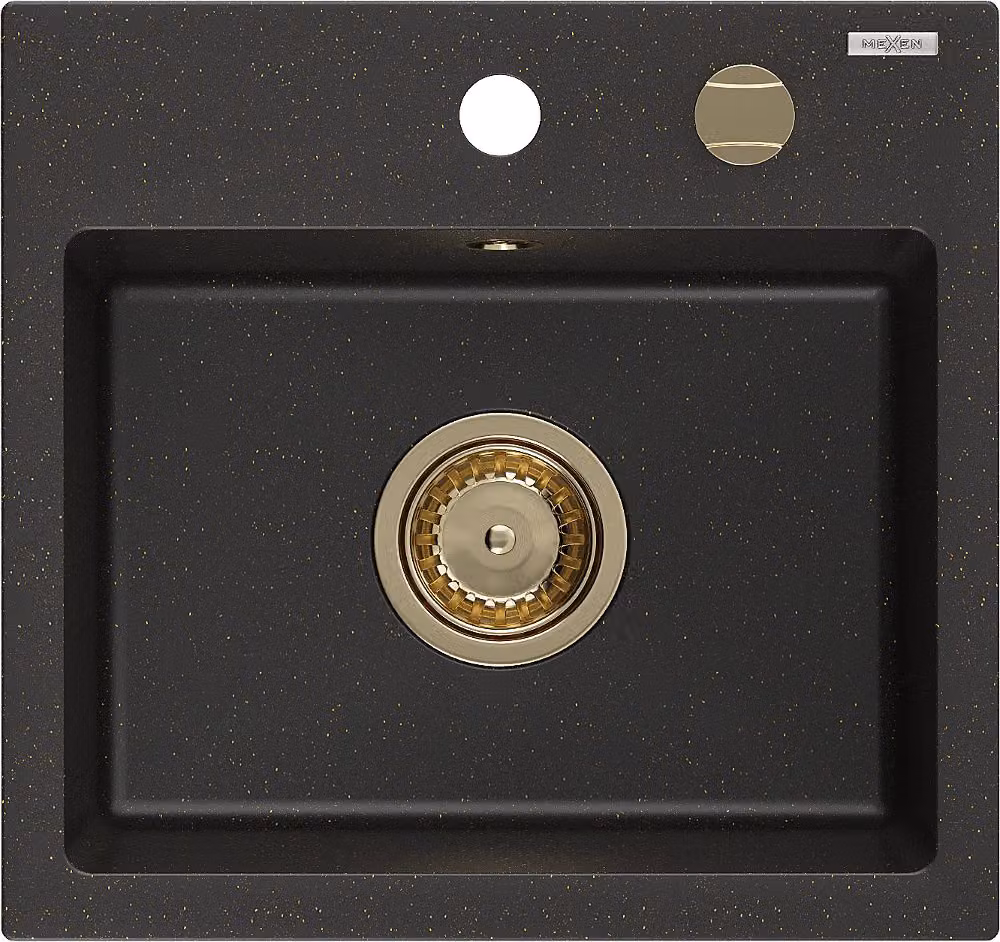 Mexen Milo lavello in granito 1 vasca 435 x 410 mm, nero/oro metallizzato, sifone oro - 6505441000-75-G
