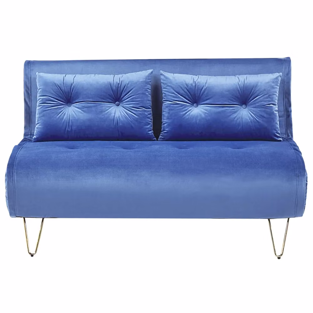 Divano letto Beliani in velluto blu navy con gambe in metallo dorato, modello click-clack a 2 posti con cuscini inclusi e poggiatesta regolabile, dimensioni letto: 140 x 200 cm – 2
