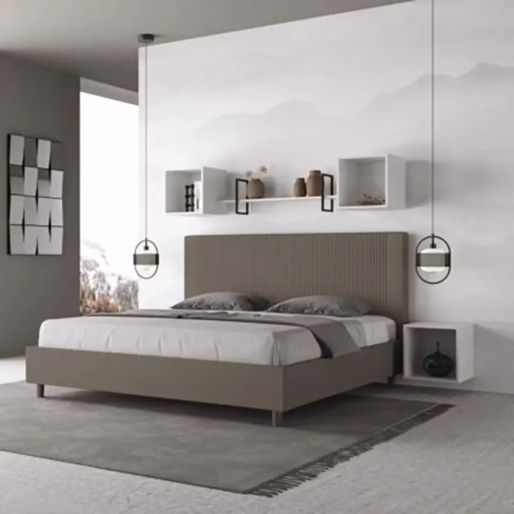 Letto matrimoniale king size con contenitore Ityhome Goya imbottito in similpelle color beige L 180 cm x P 200 cm – 2