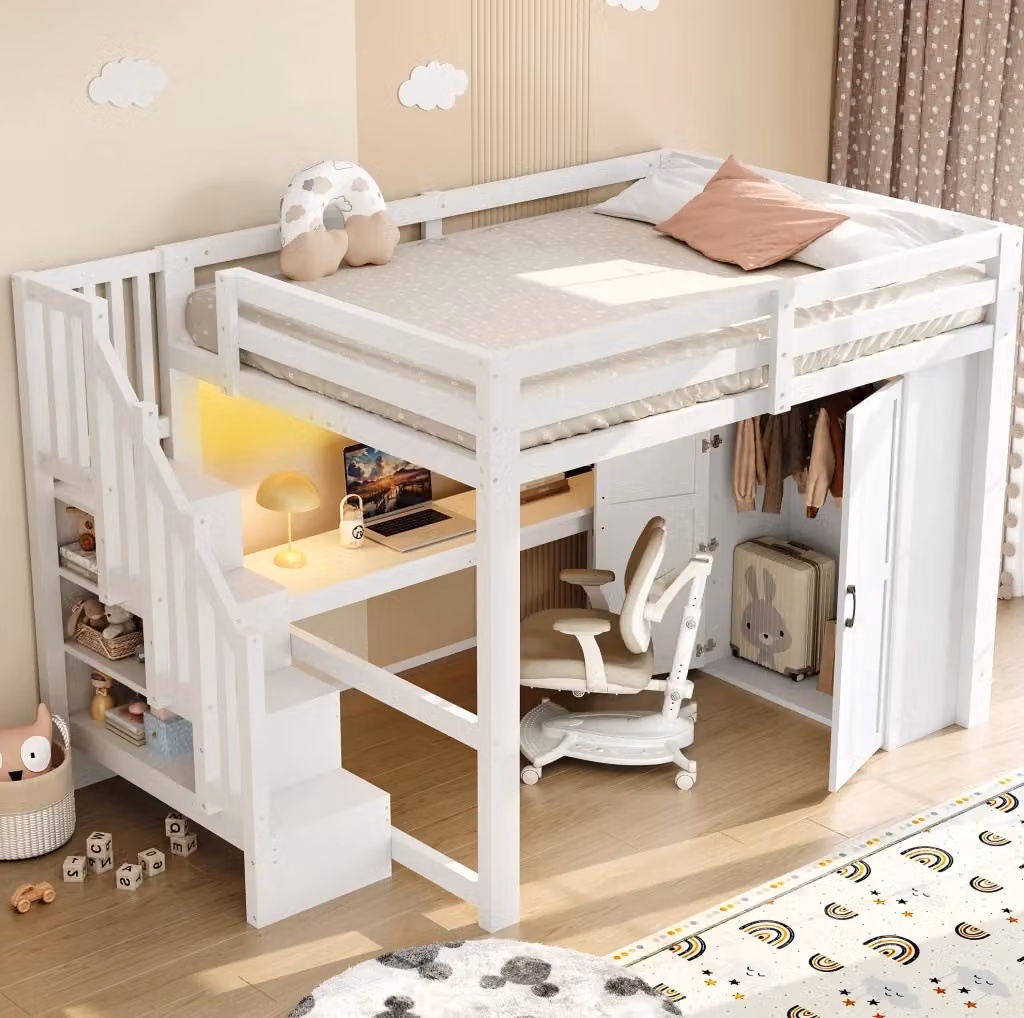 Letto a soppalco moderno in legno e MDF bianco con scrivania, armadio, vano contenitore e scala con gradini, dimensioni L/P/H: 200 x 140 x 252,5 cm – 2