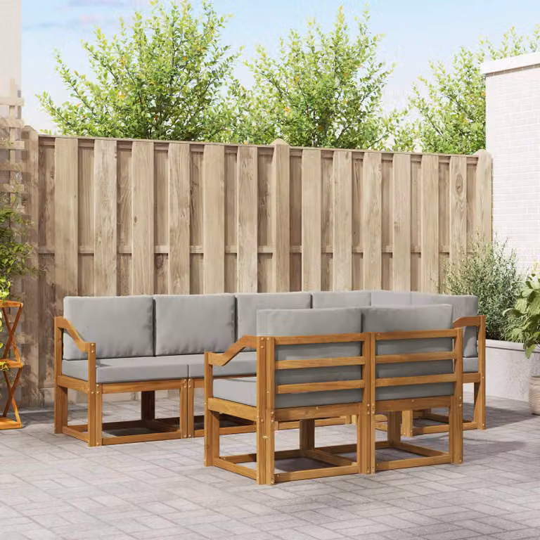 Set di divani da esterno vidaXL a forma di L in legno di acacia con cuscini grigi, 7 pezzi
