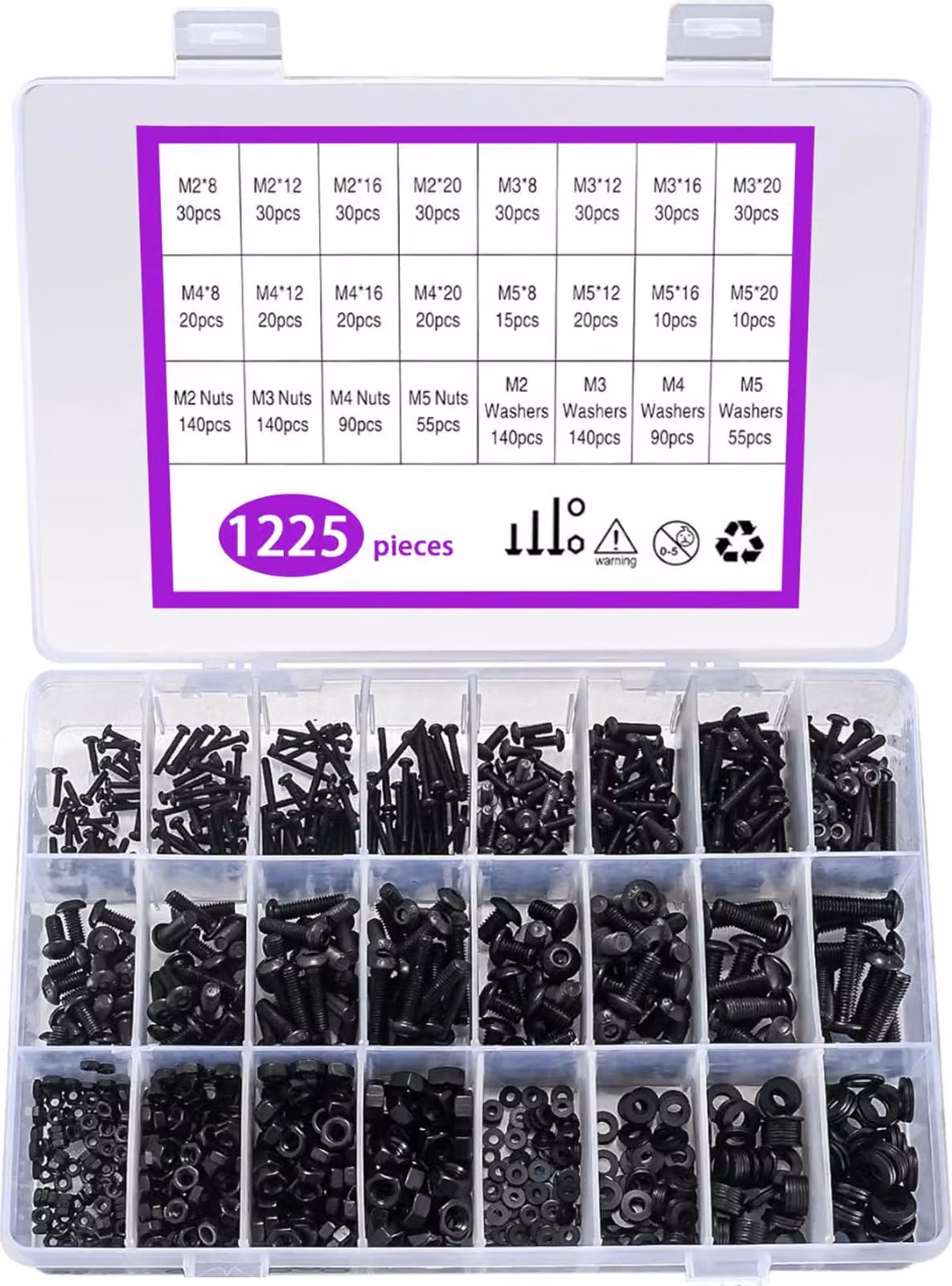Bulloni neri di diverse lunghezze (M2, M3, M4, M5, 1225 pezzi)
