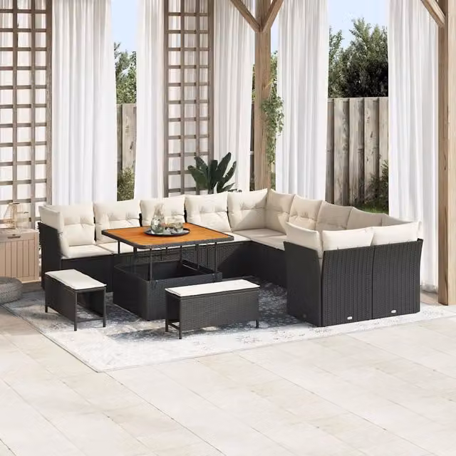 Set Divano da Giardino Moderno vidaXL in Polyrattan Nero e Beige con 13 Pezzi e Cuscini Inclusi – 1