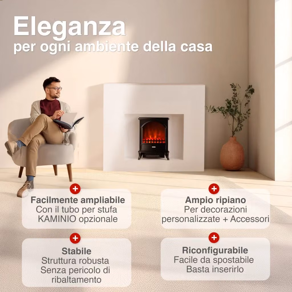 Camino elettrico Kaminio LENI con effetto fiamma 3D, stufa elettrica riscaldante, Nero – 2