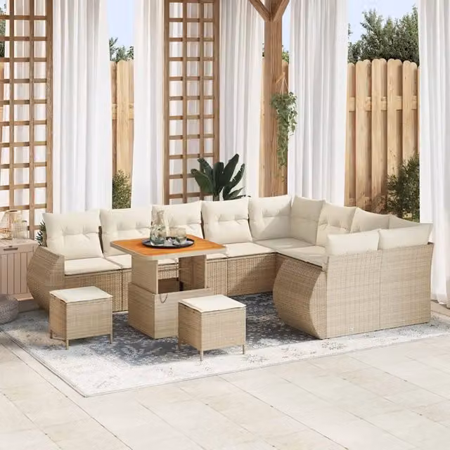 Set Divano da Giardino vidaXL 12 Posti a Forma di L con Tavolino e Pouf Beige e Bianco
