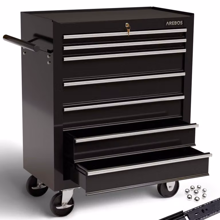 AREBOS con serratura, con tappetini antiscivolo, carrello portautensili, cassetti con cuscinetti a sfera, 2 ruote con freno di stazionamento, nero