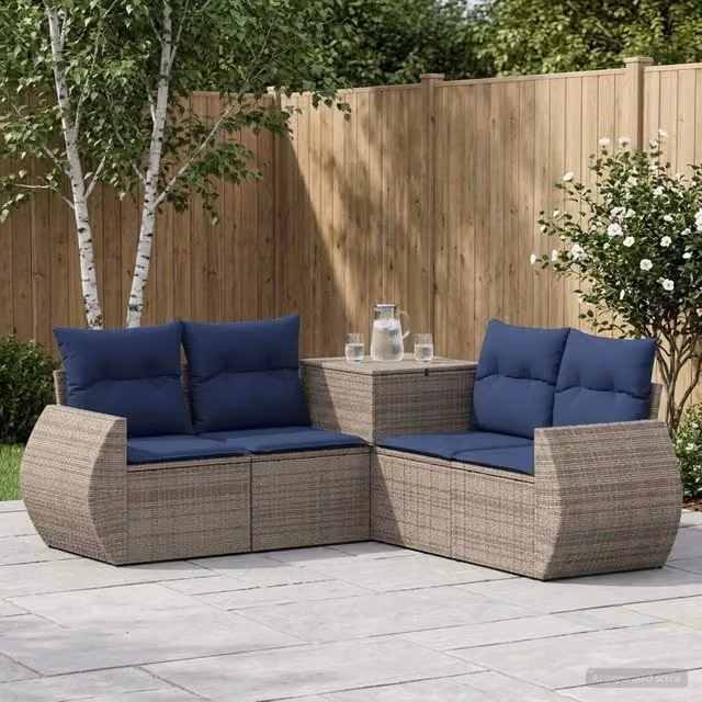 Set di divani da giardino a forma di L vidaXL in rattan e acciaio con cuscini grigi e blu navy