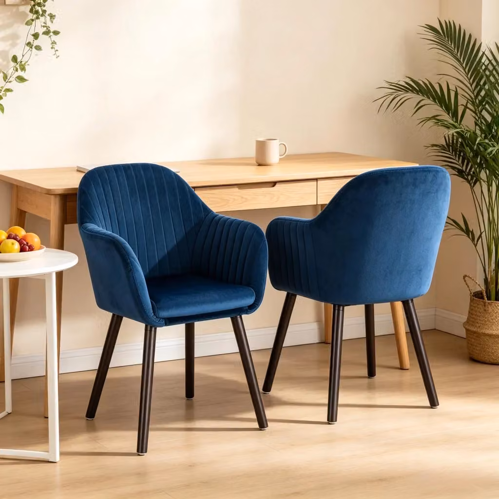 Set di 2 sedie da pranzo Mivray con braccioli in velluto nero e blu, gambe in legno e struttura in metallo – 2