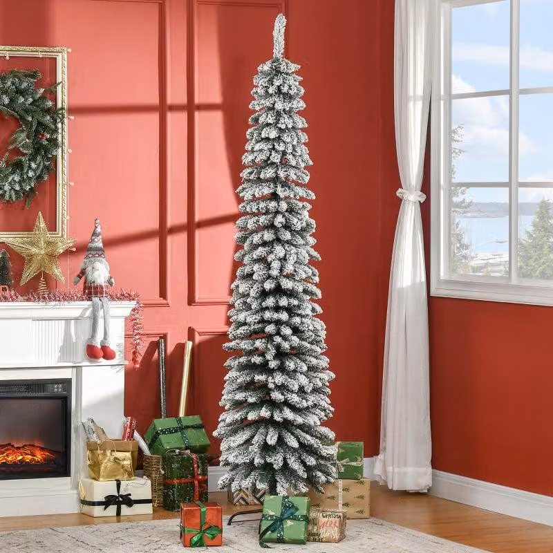 Albero di Natale artificiale, altezza 210 cm, con rami decorati con neve | Colore: verde e bianco | Dimensioni: 54x54x210 cm