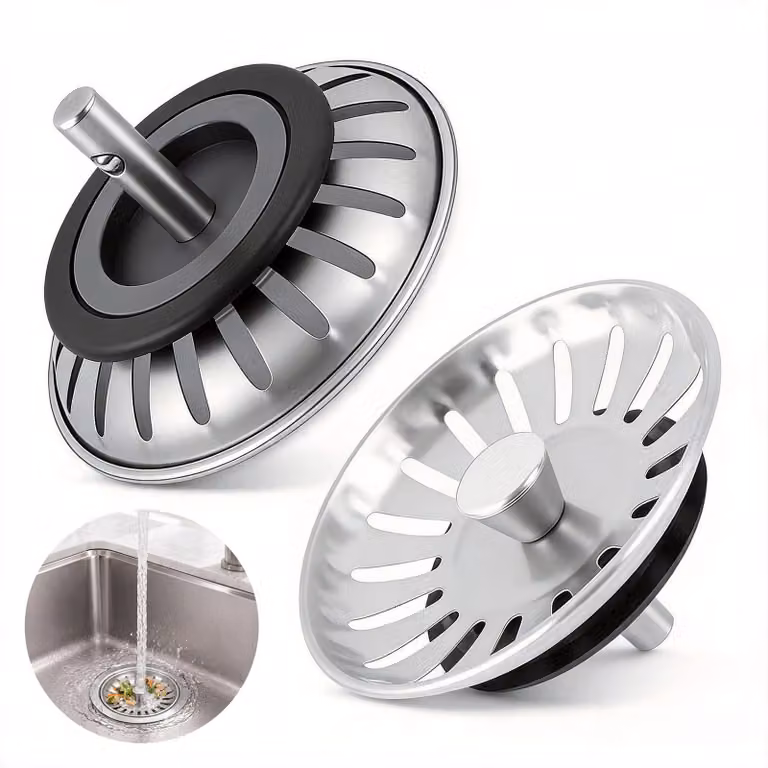 Set di 2 tappi in acciaio inossidabile per lavello, diametro 78 mm, con cestello filtrante