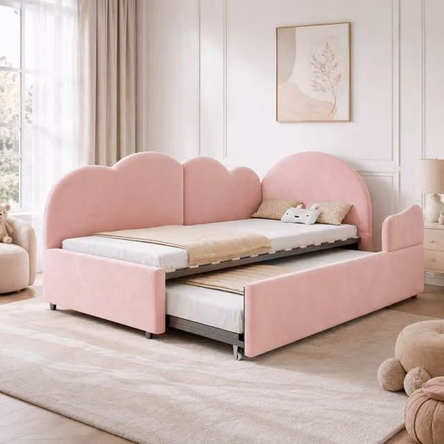 Divano Letto Angolare Estraibile in Velluto Rosa 90x200+90x190 cm con Testiera a Nuvola - Letto Salvaspazio per Bambini e Ospiti