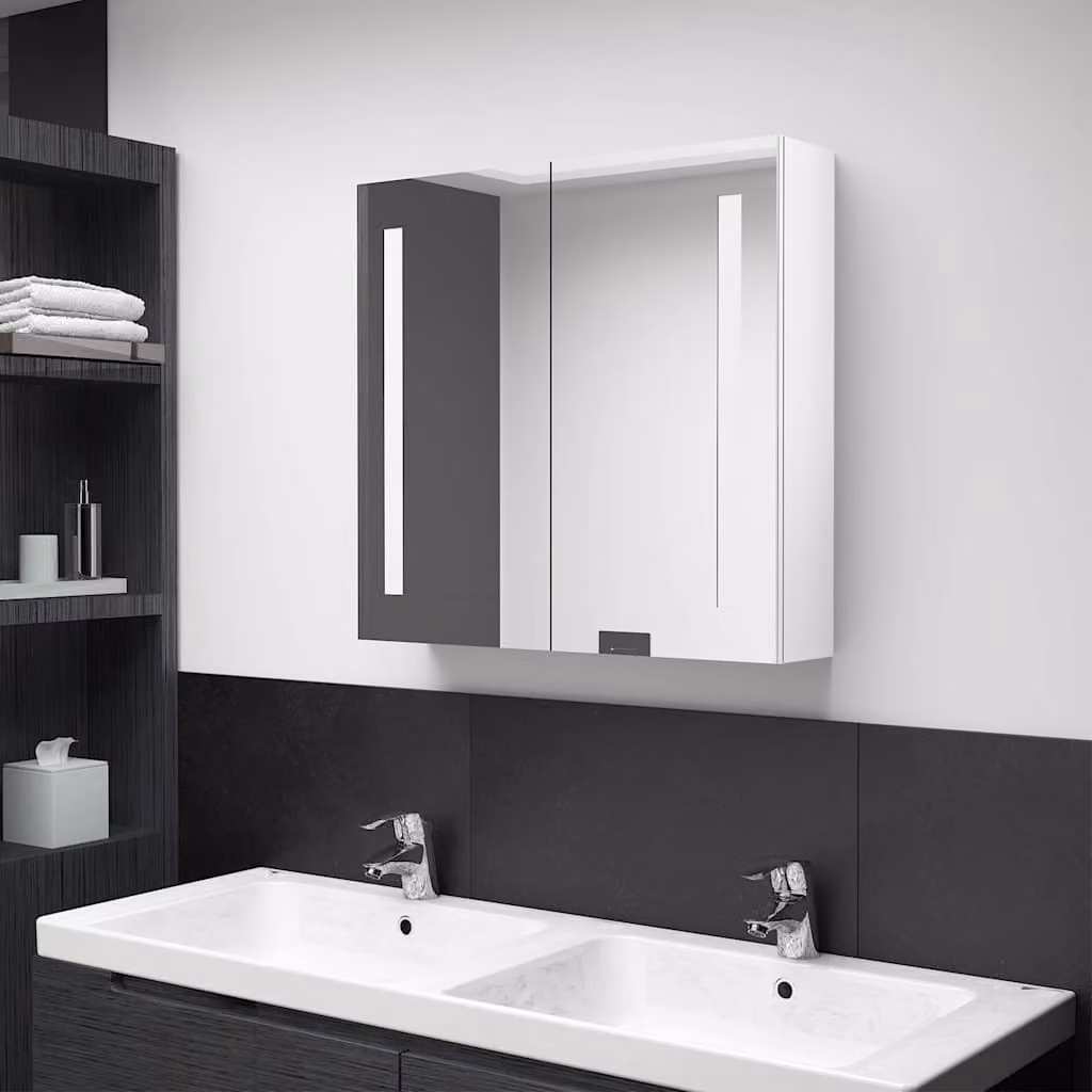 Armadietto da bagno con specchio e illuminazione LED vidaXL, Bianco lucido, L: 62 cm, P: 14 cm, H: 60 cm