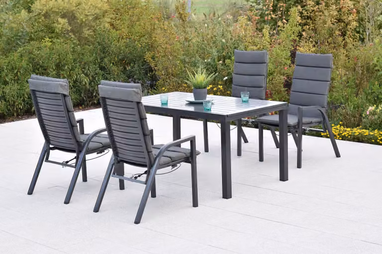 Set di mobili da giardino Merxx Siros, 9 pezzi: 4 poltrone reclinabili con molla a gas, 4 cuscini, tavolo allungabile in alluminio