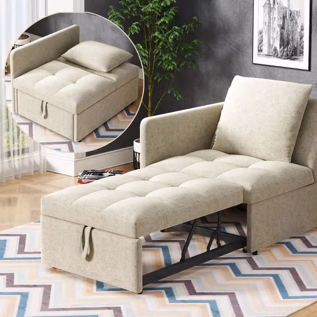 Divano letto 3 in 1 in lino grigio-beige; schienale regolabile; 177 cm per piccoli spazi