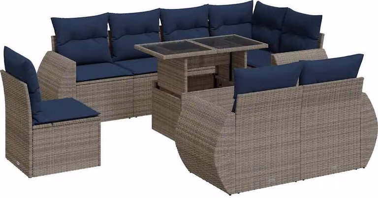 Set Divano da Giardino 9pz con Cuscini Grigio Polyrattan Acacia