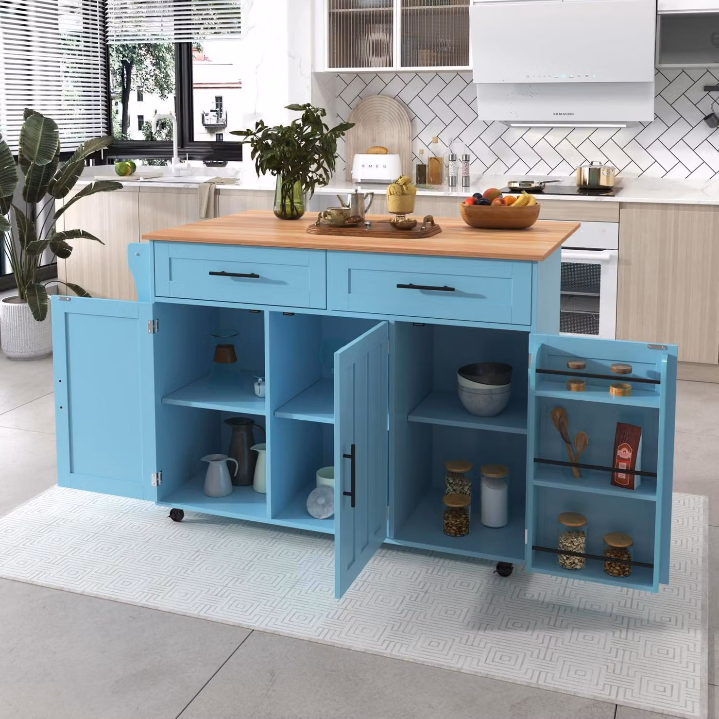 Isola da cucina autoportante con piano di lavoro pieghevole, 5 ruote, 2 cassetti, colore blu, dimensioni 129x71x91,5 cm