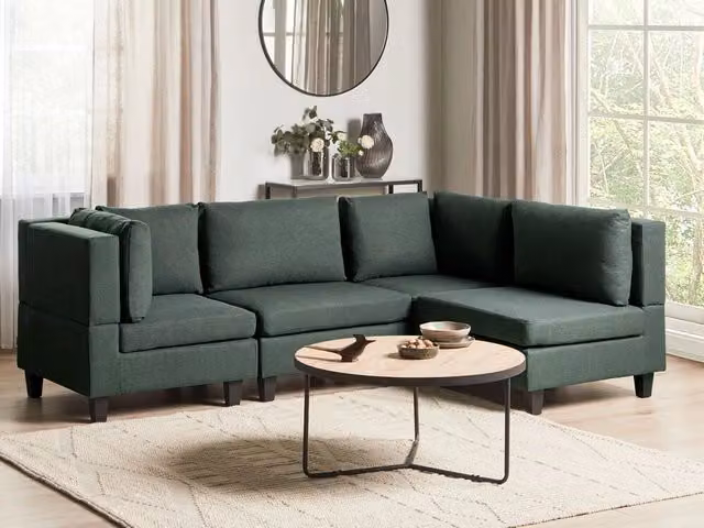 Divano componibile a 4 posti BELIANI in tessuto verde scuro con ottomana, stile moderno, lato sinistro, L/P/H: 228 x 152 x 77 cm – 1