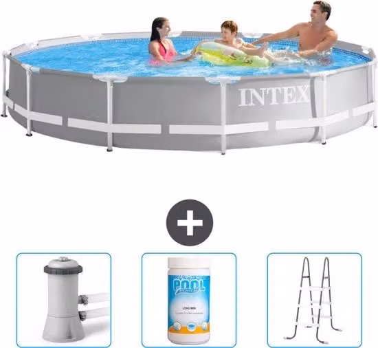 Piscina Rondo a Canna Fissa - 366 x 76 cm - Grigio - Inclusa Pompafiltro - Cloro - Scalone