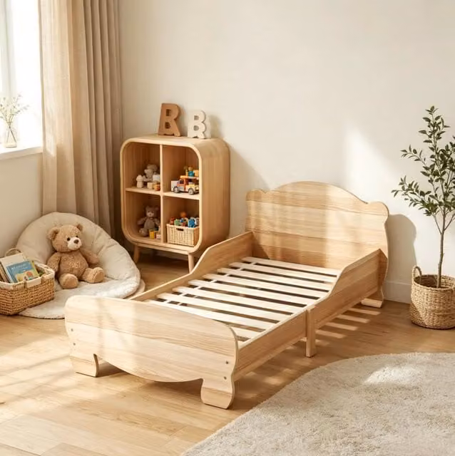 Lettino bambini 70x140 cm in MDF legno naturale con sponde di sicurezza e motivo orso, per età 3-6 anni