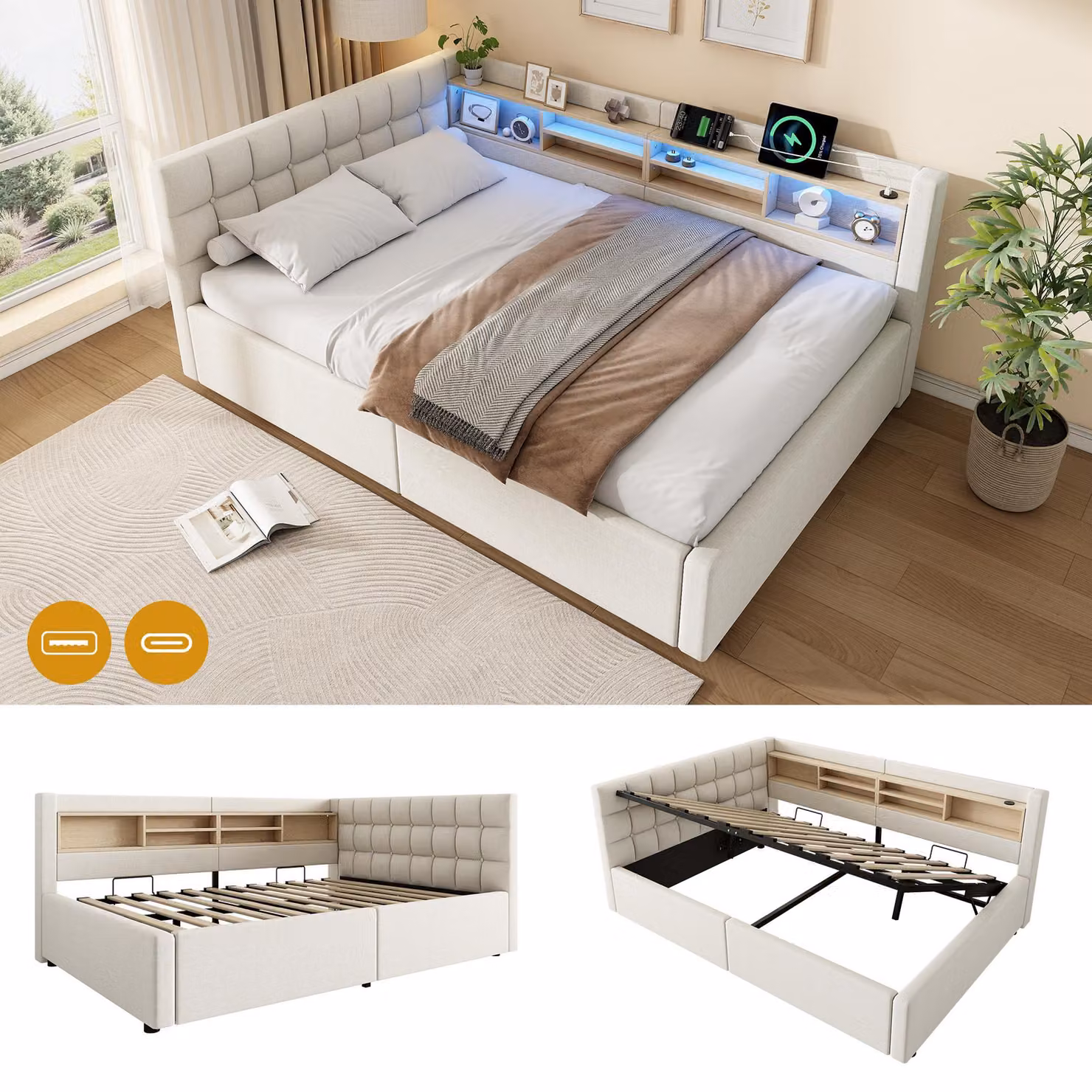 Letto a giorno 140x200 cm con spazio contenitore a sollevamento idraulico, illuminazione LED regolabile, ripiani e porta USB, realizzato in lino e MDF, colore beige