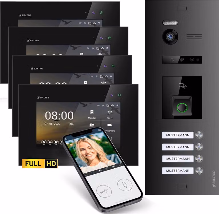 Videocitofono HD con impronta digitale RFID e app per smartphone per casa quadrifamiliare, 4x monitor, Balter EVO HD Fingerprint