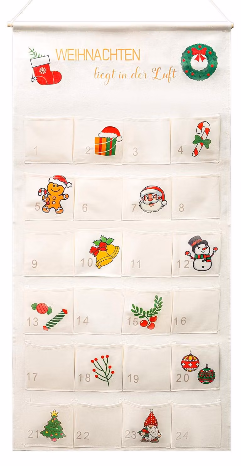 Calendario dell'Avvento in tessuto, con 24 scomparti, dimensioni 100x50 cm