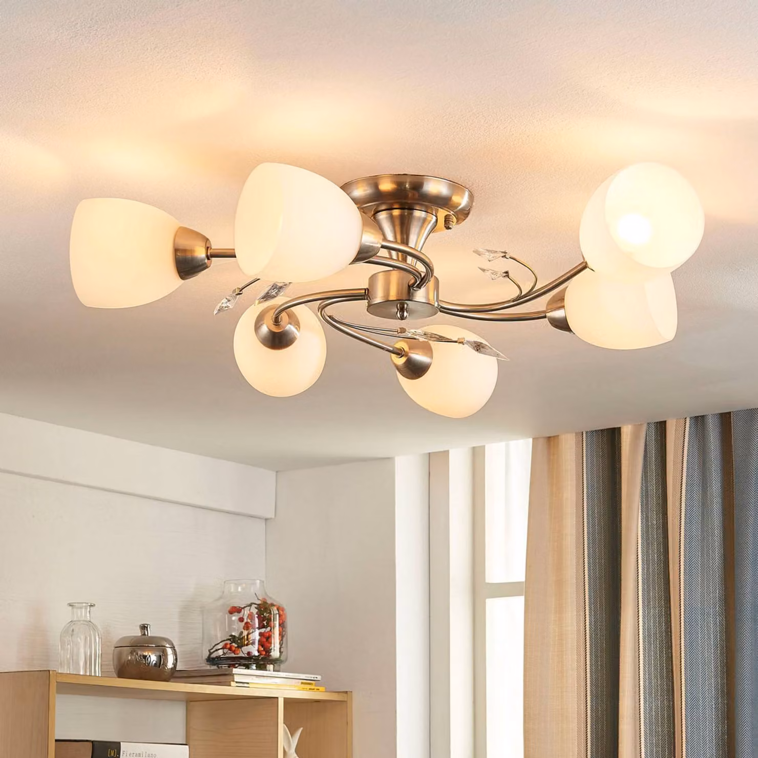 Plafoniera soffitto Tatas Lindby, dimmerabile, Alluminio / Grigio / Zincato, Soggiorno / Sala da pranzo, Vetro, Moderno, Plafoniera