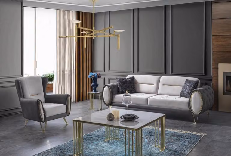 Polstersofa Garnitur Sofagarnitur Dreisitzer Sessel Stoff Sofa Grau sofas
