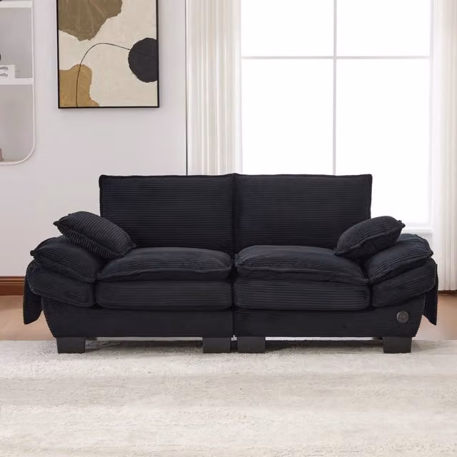 Divano a 2 posti Mivray in velluto a coste nero con porta USB e seduta ergonomica L/P/H: 190 x 84 x 73 cm