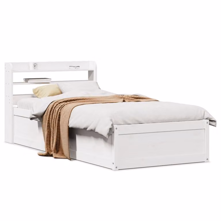 vidaXL Letto in Legno di Pino Massello Bianco con Testiera e Ripiani Laterali 90x190 cm