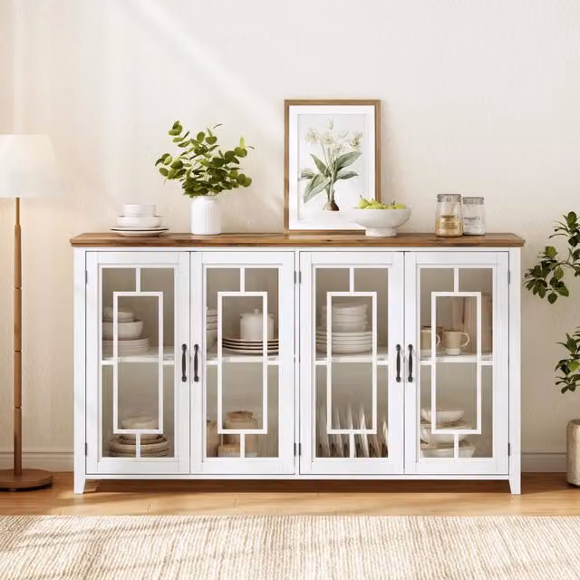 Credenza cucina con ante in vetro; 160 x 40 x 86 cm; 2 vani con ripiani fissi; MDF; bianco e marrone