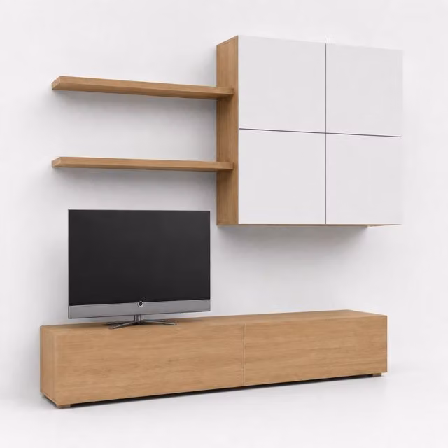 Parete Attrezzata Mobile Soggiorno Moderno Con Base TV 2 Ante Pensile 4 Ante e 2 Mensole Design Contemporaneo in Melaminico Facile da Pulire 200 x 194 x 40 cm Bianco e Rovere