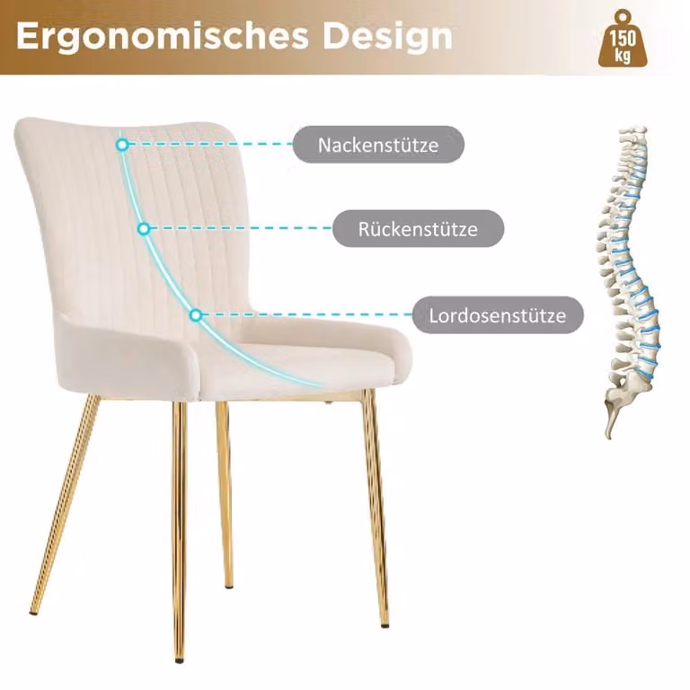 Set di 2 sedie da pranzo in velluto, colore beige, gambe in metallo dorato, imbottite, con supporto lombare