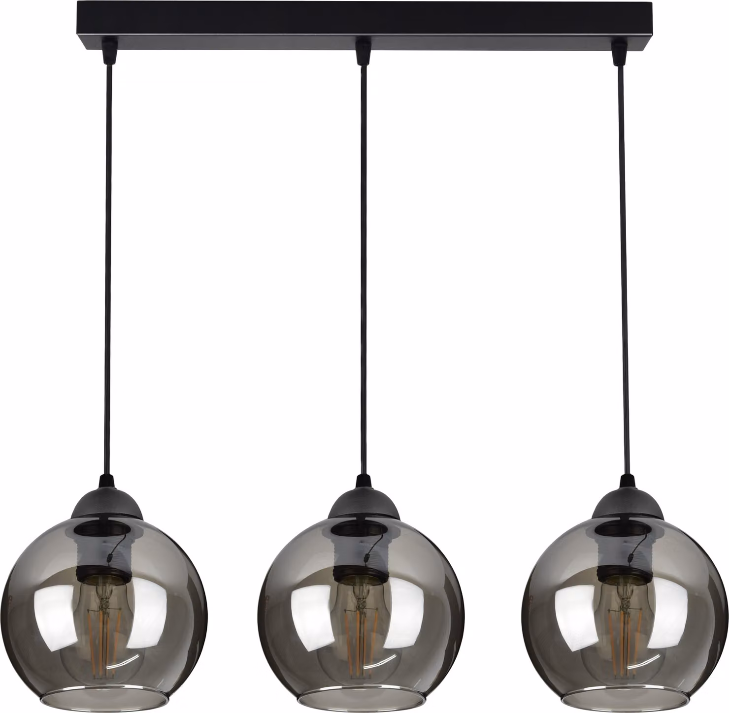 Lampada a sospensione con 3 paralumi in vetro nei colori nero e trasparente, 3x E27