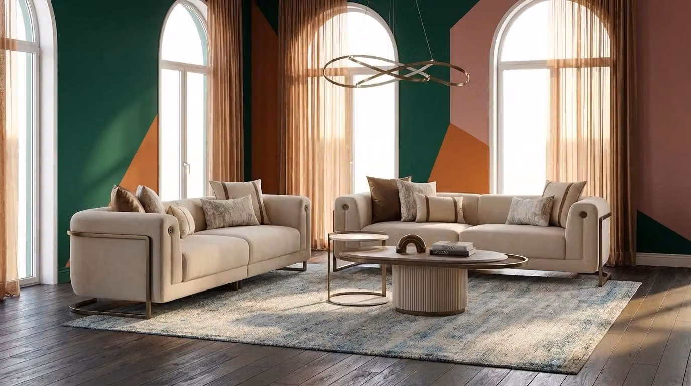 Set da salotto 2 divani a 3 posti, tavolino da salotto e tavolino ausiliario in stile moderno