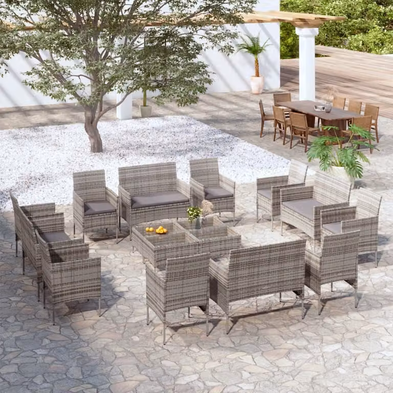 The Living Store Set salotto da giardino da 16 pezzi con cuscini in poly rattan grigio