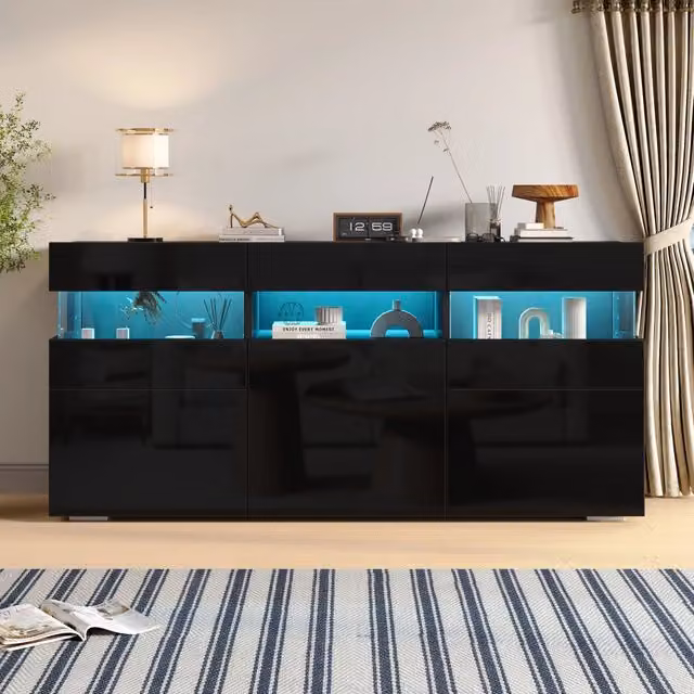 Madia moderna MIVRAY con 3 ante e striscia LED controllabile tramite app, finitura nera lucida, L 140 x P 40.5 x H 66.5 cm