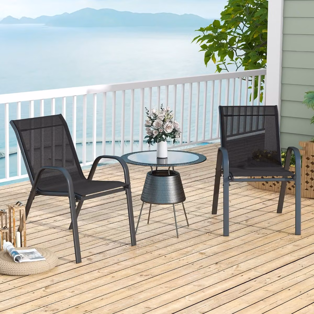 Set di 2 sedie da patio impilabili Costway in metallo con braccioli e tessuto traspirante nero