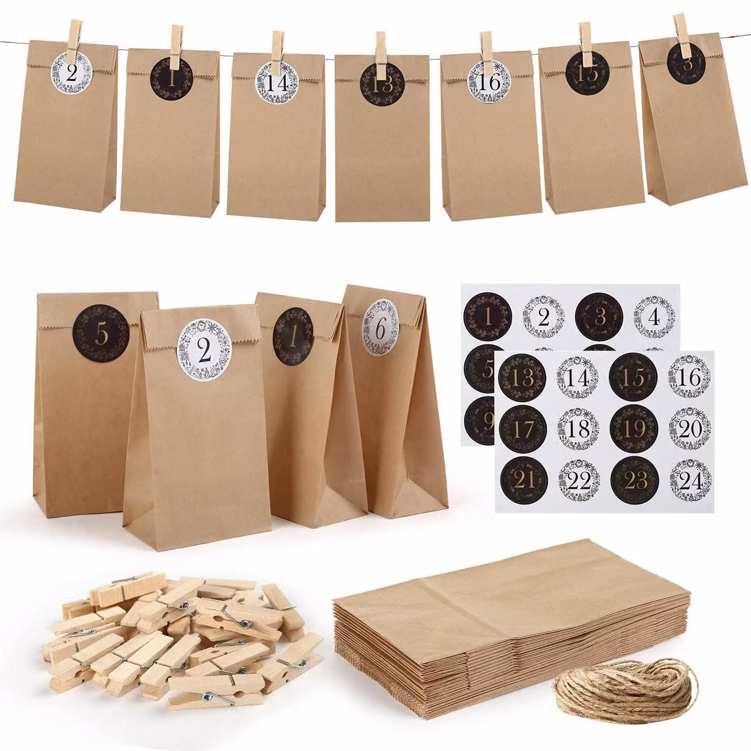 Calendario dell'Avvento da riempire: 24 sacchetti di carta resistente, dimensioni 9x18x5,5 cm, con graffette di legno e numeri adesivi