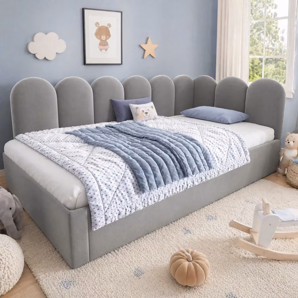 Letto giorno imbottito in tessuto velvet grigio con letto estraibile e cassetti, stile moderno per camera da bambini o matrimoniale, L: 203 cm, P: 97 cm, H: 76 cm – 2