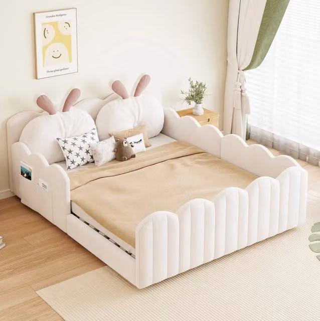 Letto piattaforma imbottito 140x200 cm beige con testiera a forma di coniglio e sponde di protezione