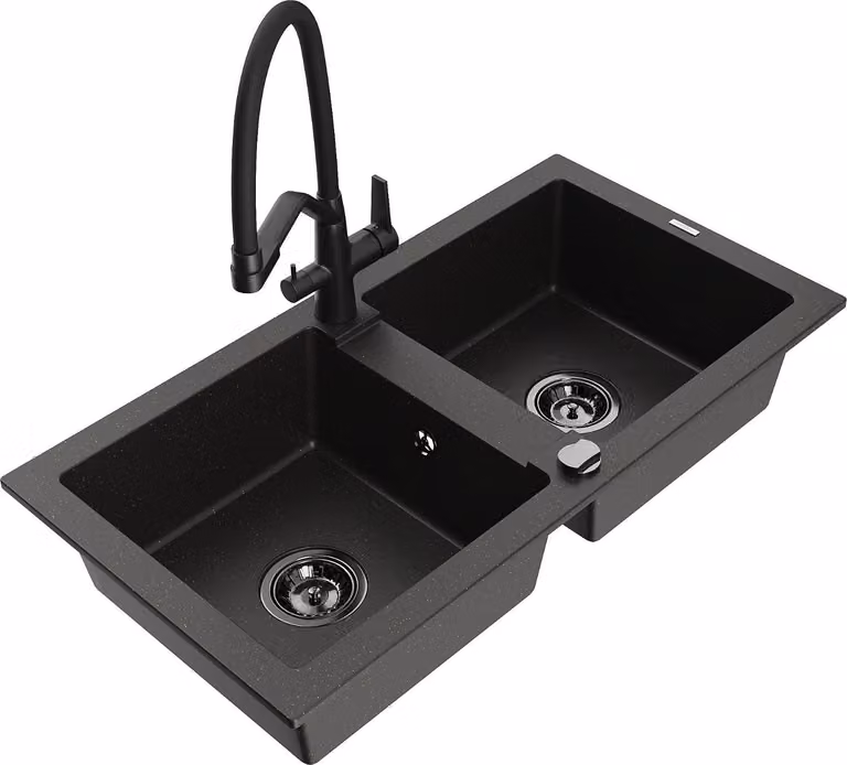Mexen Mario lavello in granito 2 vasche con miscelatore cucina Duo, nero/oro metallizzato - 6504-75-671701-70-B