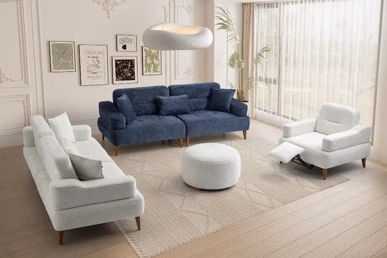 Blau-Weiße Couchgarnitur Designer Polstersofas Moderne Textilcouchen