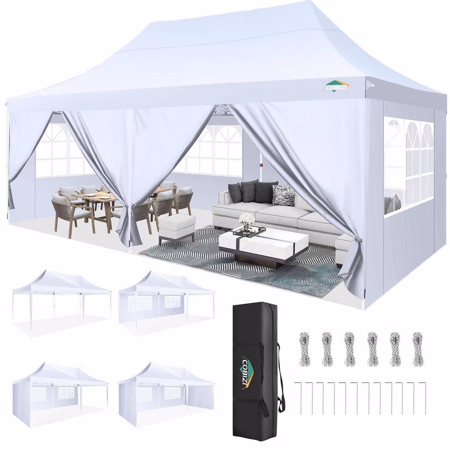 Gazebo da esterno 3x6 metri, impermeabile, con protezione UV 50+ e 6 pareti laterali, colore bianco