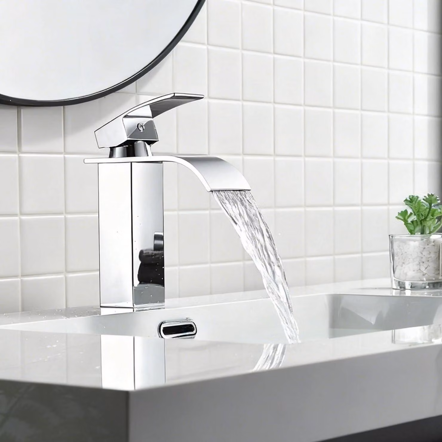 Miscelatore monocomando per lavabo, modello a cascata, cromato, altezza 182 mm